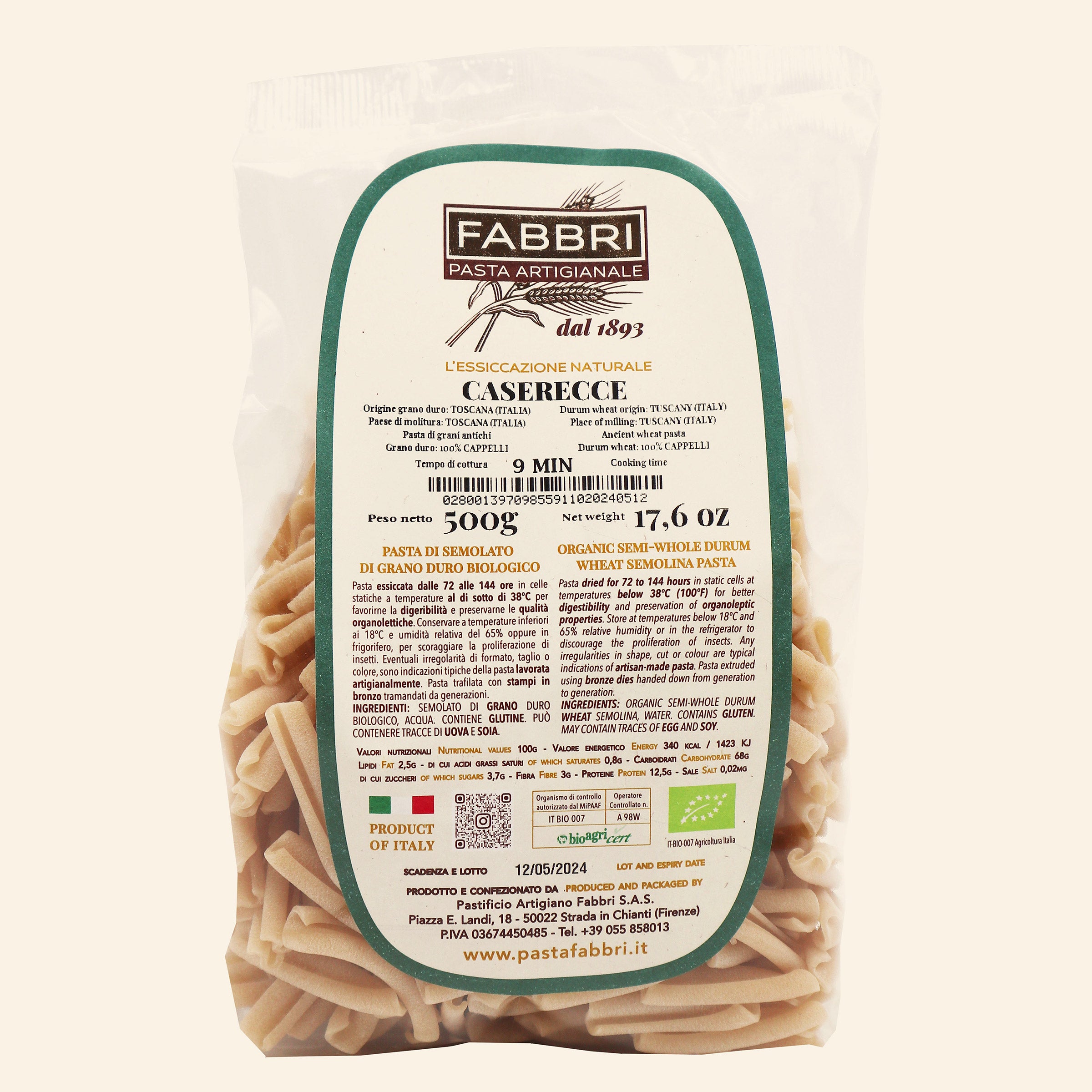  Organic Caserecce 100% Cappelli wheat