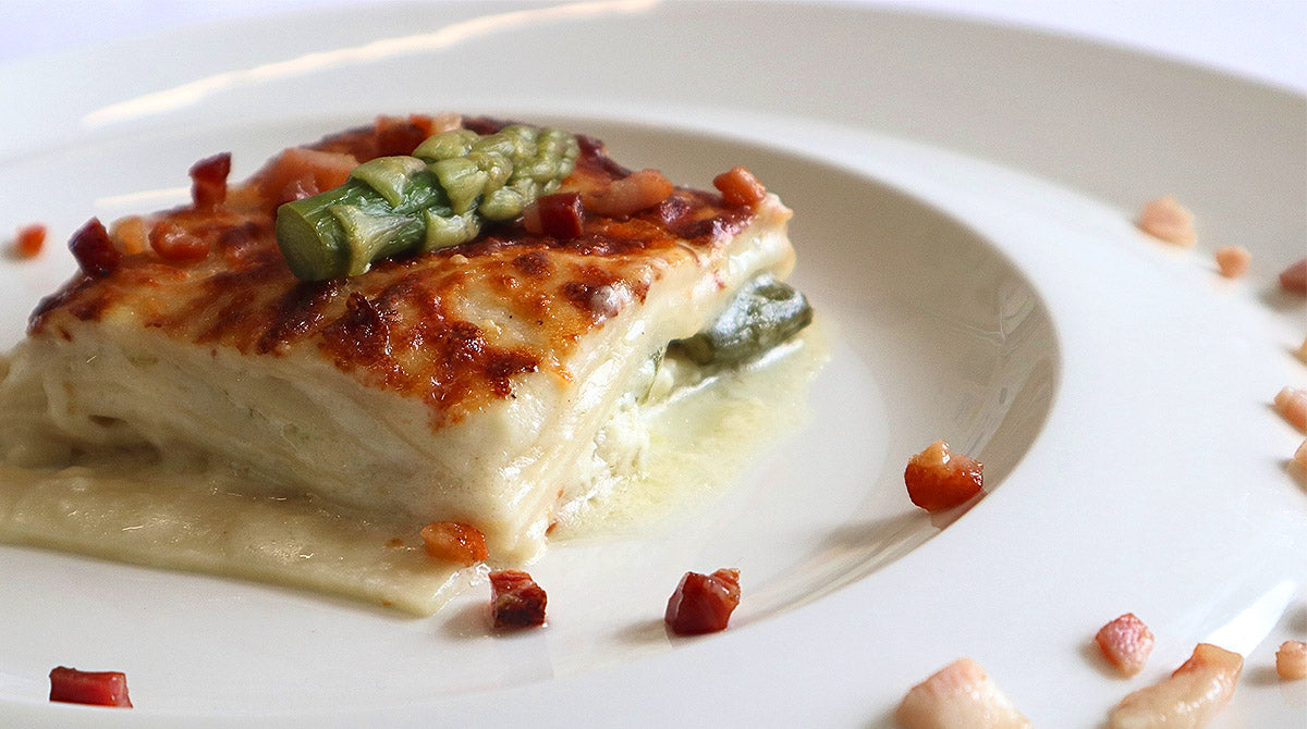 Lasagne con besciamella al gorgonzola e asparagi